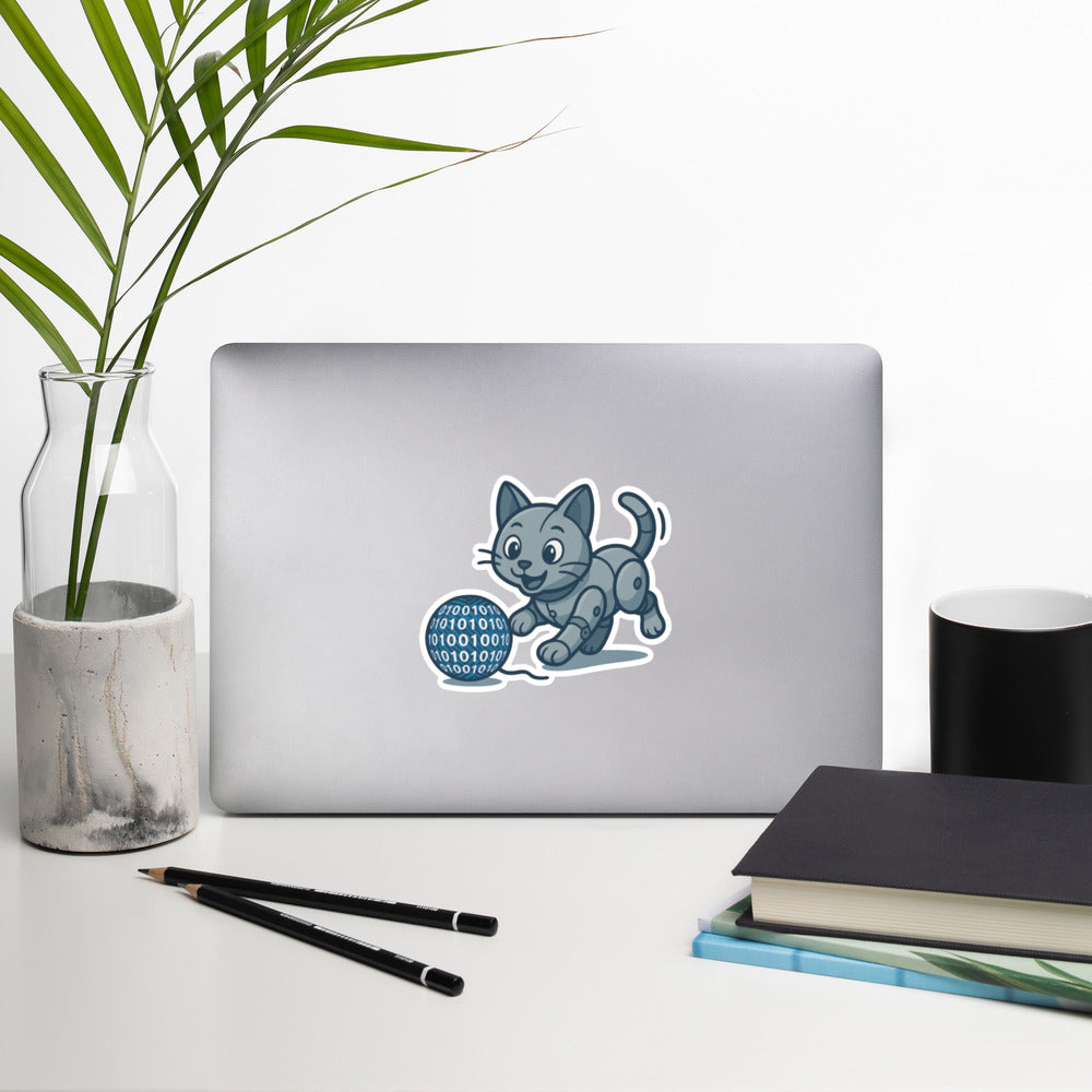 Robot Kitten Sticker β Cute Vinyl Sticker of Robotic Cat Chasing Digital Yarn β Fun Gift for Animal & Tech Lovers