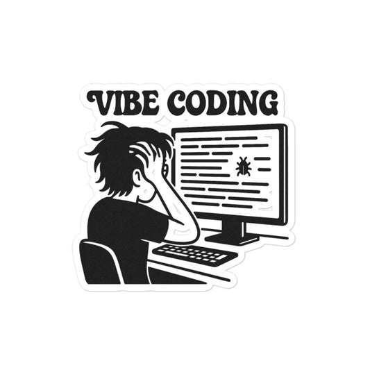 Vibe Coding Sticker – Funny Tech Sticker with Bugs & Chaos – Relatable Programmer Gift – Funny Sticker with Bugged-Out Programmer Guy