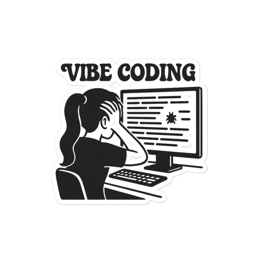 Vibe Coding Sticker – Funny Tech Sticker with Bugs & Chaos – Relatable Programmer Gift – Funny Sticker with Bugged-Out Programmer Girl